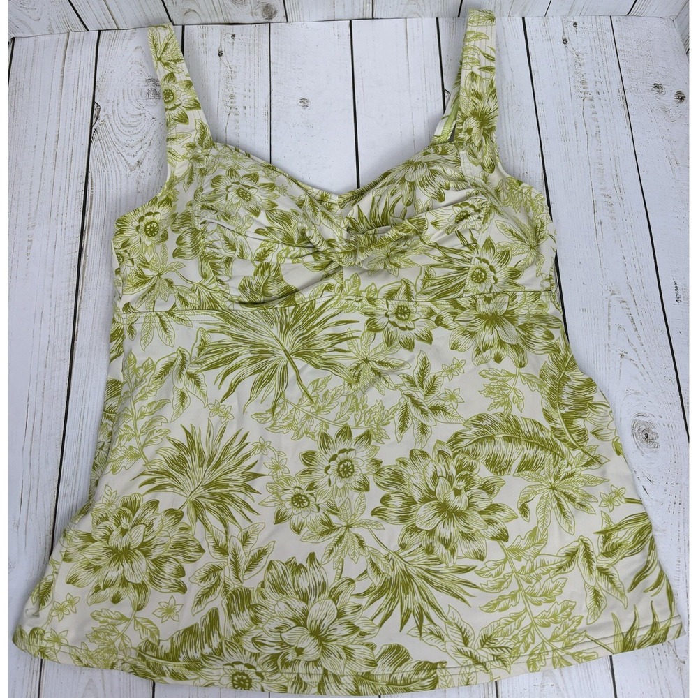 Lands End Green White Tropical Floral Tankini Swim Top Sweetheart Neck Sz 8 0191